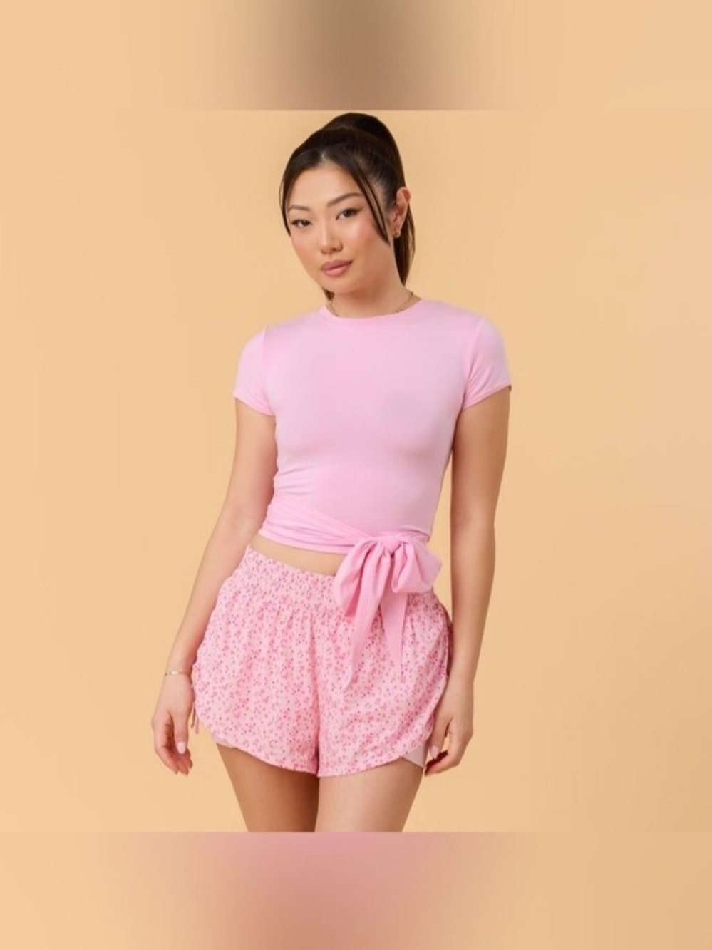 Pink Tie-Waist Crop Top — Soft Short Sleeve